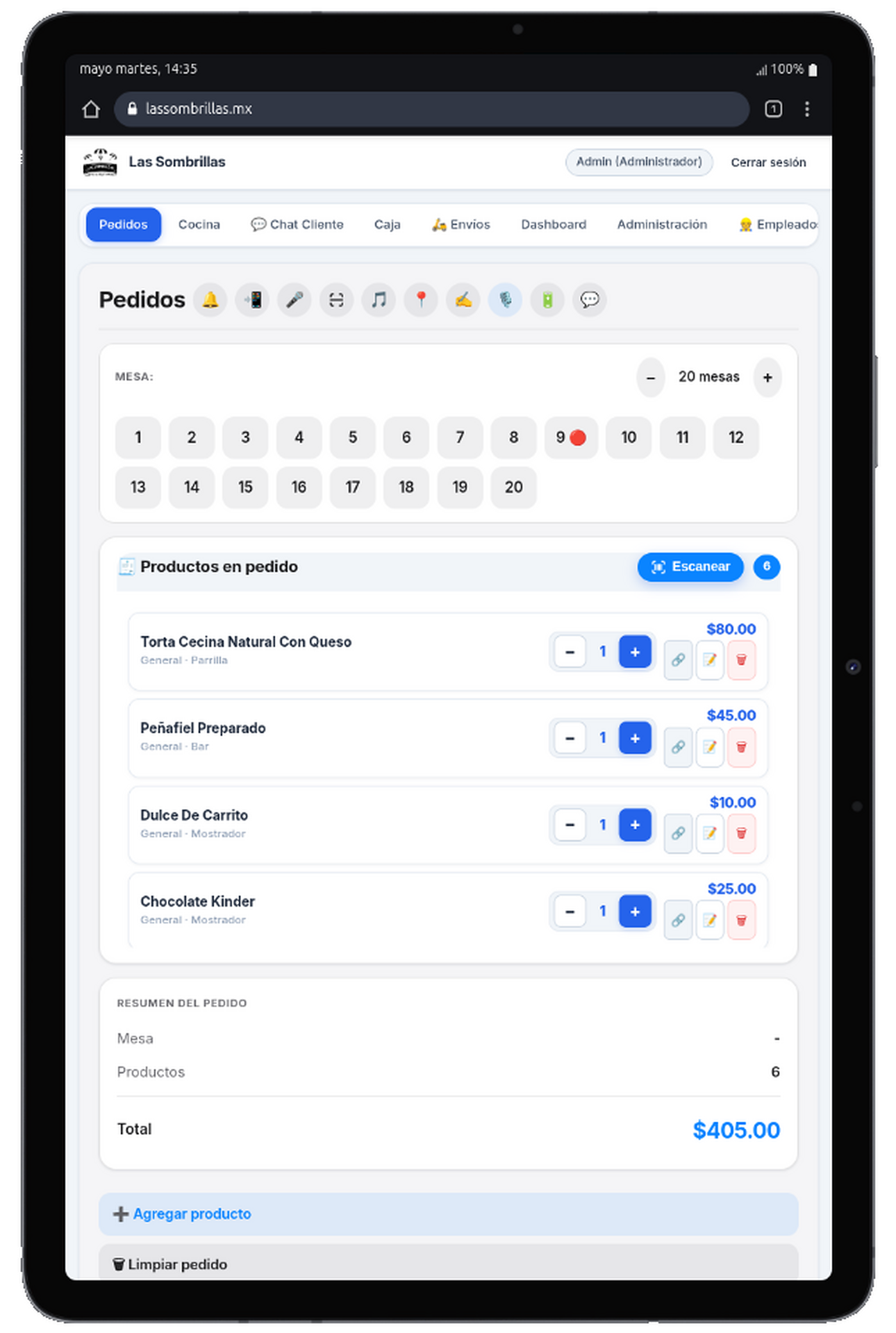 WaiiPOS Pedidos con productos en tablet